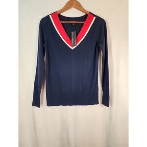 Banana Republic Silk Cashmere V Neck Sweater Navy Blue Red Extra Small New